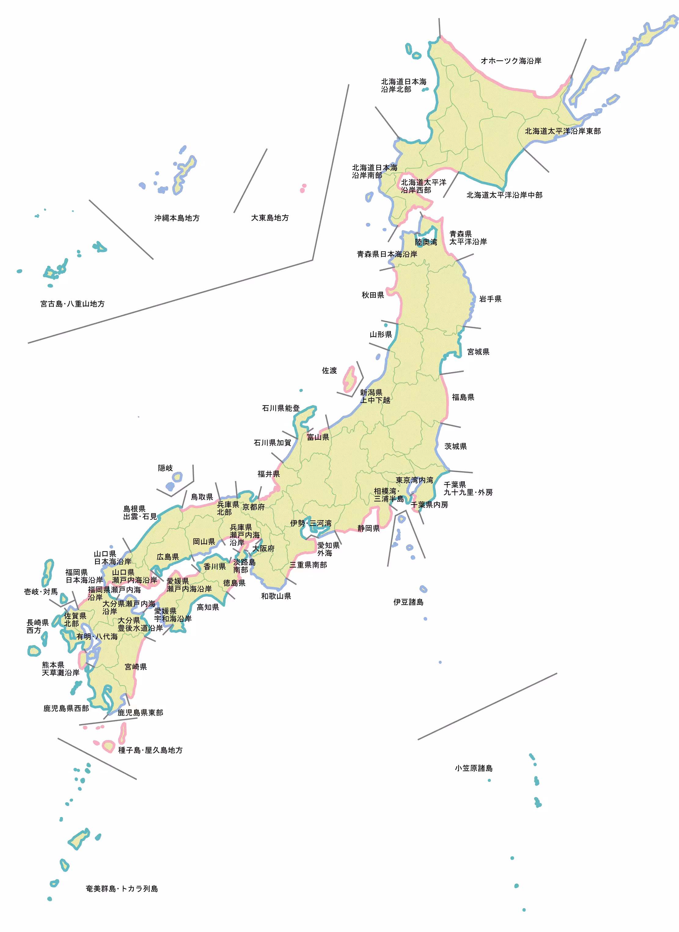 [日本地図。海岸線が細かく区切られている。]
